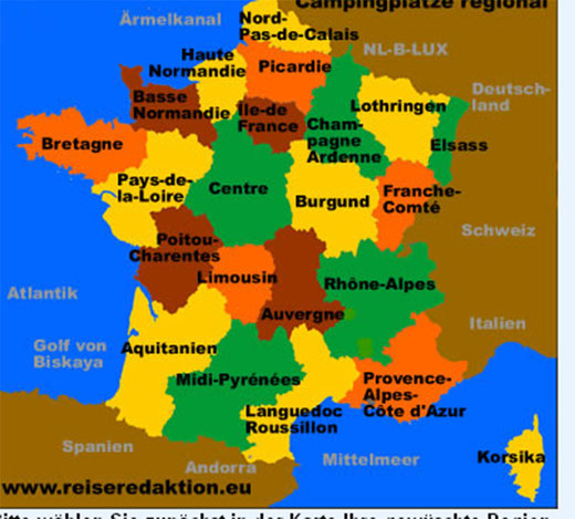 Geordnet nach den französischen Regionen. In den Untermenues, findet