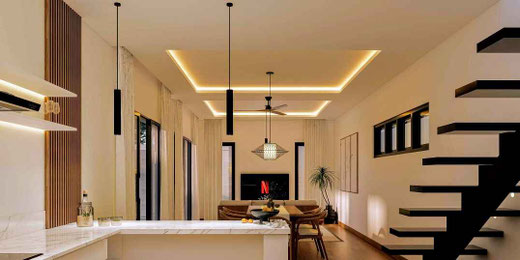 Elegant Japandi kitchen in Sanur villa with island bar, built-in cabinets and natural light.