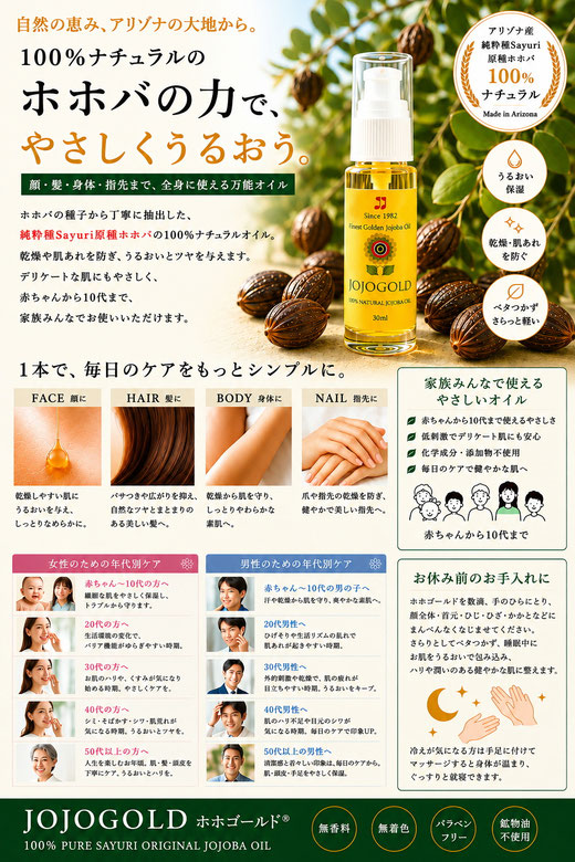 JOJOGOLD® ホホゴールド100％ナチュラルホホバオイルの使い方を紹介する画像。顔・髪・身体・指先への使用方法や毎日の保湿ケア、家族みんなで使える天然ホホバオイルをわかりやすく紹介しています。