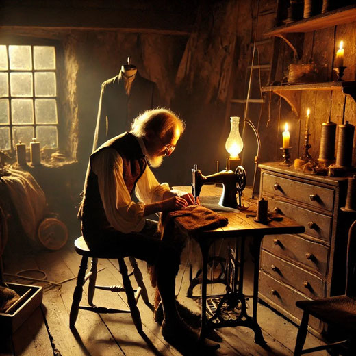 Ein alte Schneidermeister in seiner Werkstatt. Dieses Bild wurde nach Vorgabe mit KI generiert von Thomas Haas, Ulm