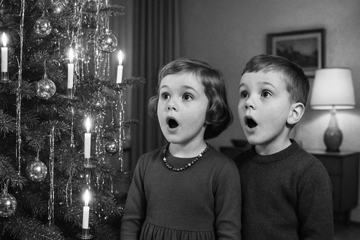 KI themengeneriertes Bild: Singende Kinder am Weihnachtsbaum