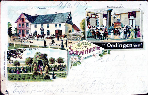 Postkarte 1909 vom Gasthaus Bernhard Korte "auf der Schwartmeke", heute: "Zur schönen Aussicht", Inh.: Michael Willmes 