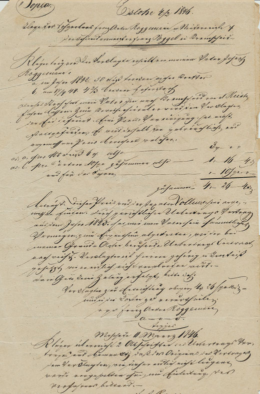 Auszug aus der gerichtlich vorgetragenen Klageschrift an den Schneider Franz Poggel aus Niederbremscheid vom 4.2.1846