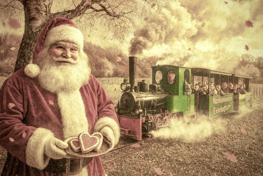 KI themengeneriertes Bild: Der Nikolaus und die Museums-Dampfeisenbahn unter Dampf