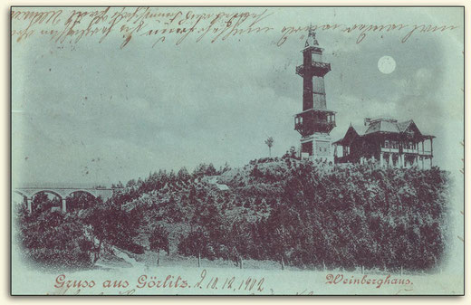 Teil einer Mondschein-AK mit dem Görlitzer Weinberghaus und Weinstöcken (1902) (Lausitzer Weinfreunde)