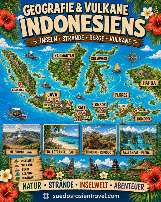 Karte Indonesien,Strände,Berge,Vulkane