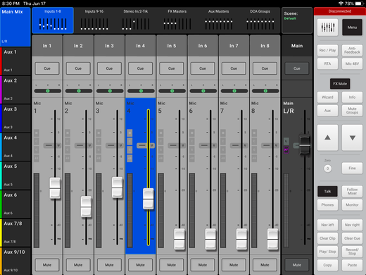 Digital mixer fader display which can be used to increase or lower microphone volume.