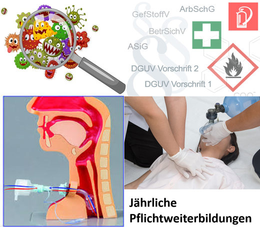 Ein Bild das sich aus mehreren Bildern zusammensetzt, einer Reanimation einem Hinweis auf Brandschutz Maßnahmen einem Zeichen für Hygiene und einem Schau Bild eines Tracheostomas. dies soll verdeutlichen das ist hier um eine jährliche Pflichtweiterbildung