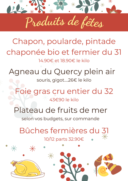 affiche présentant des produits de fêtes et locaux à commander avant le 15 décembre
