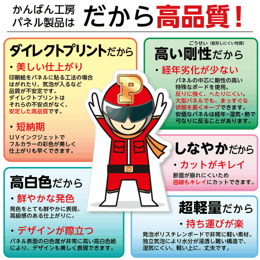 ダイレクトプリントだから美しい仕上がりで短納期・高い剛性だから経年劣化が少ない・高白色だからデザインが際立つ・キレイな断面・超軽量