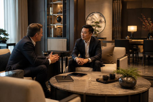 International executive search consultant meeting a Chinese senior executive in a private business lounge in China.