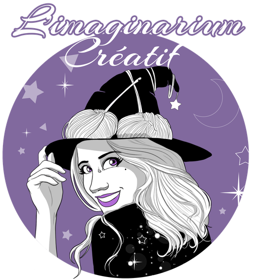 logo de l'imaginarium créatif, sorcière qui sourit sur fond violet avec des éléments astronomique