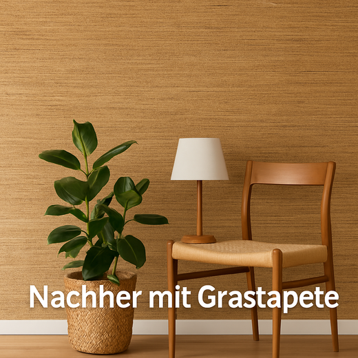 Vorher-Nachher-Vergleich mit Grastapete an der Wand