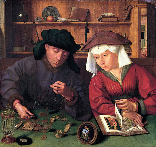 Quentin METSYS (Louvain, 1465/1466 - Anvers, 1530)  Le prêteur et sa femme  1514, Huile sur panneau, 70 × 67 cm, Musée du Louvre.