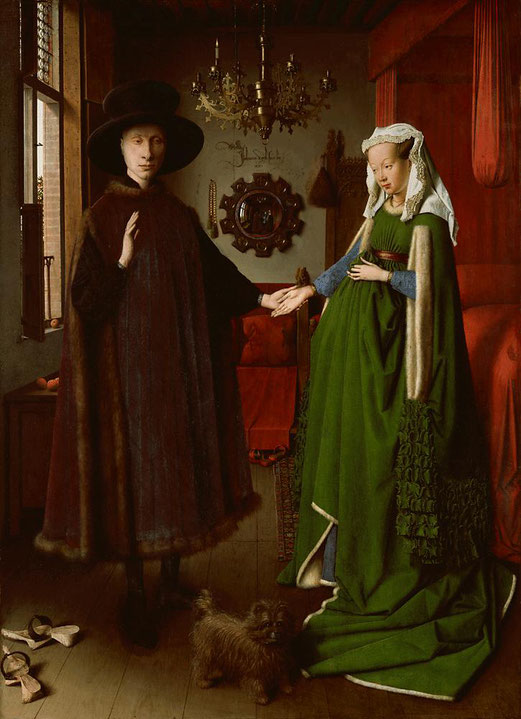 Jan van Eyck, Les époux Arnolfini, huile sur panneau de chêne, 82.2 × 60 cm, 1434, National Gallery, Londres.  