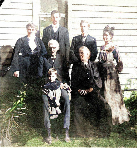 (Siblings Emma, Albert (2nd from left standing), James A, and Belle with parents Martin and Mahalath Richmond, and son Ernie c 1876)