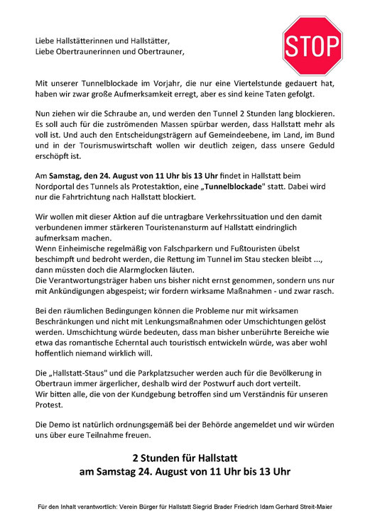 Am Samstag, 24.8. 2024 findet in Hallstatt eine Demonstration in Form einer Tunnelblockade gegen den Massentourismus statt.