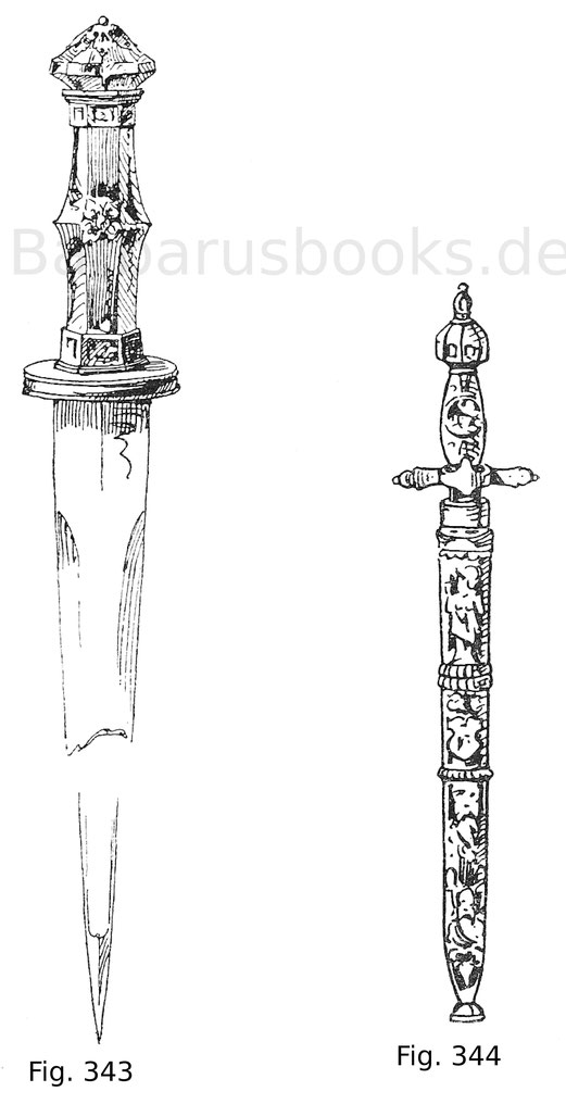 Fig. 343. Langer Dolch mit Griff und Stichblatt aus Bergkristall mit schön ziselierten Beschlägen aus vergoldetem Silber. Die geschliffene Klinge enthält Inschriften in vergoldeter Gravierung. Burgundisch um 1480.