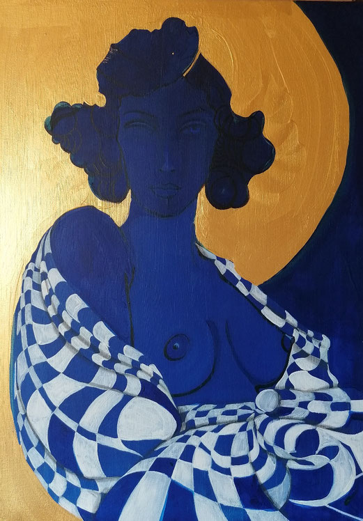 Lady blue 50x70cm Acryl/ gold 