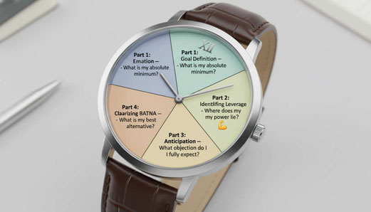 Eine analoge Uhr - welche die 5 Themen auflistet