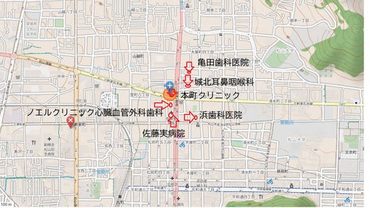 松山市本町6丁目周辺にある病院・クリニックの位置を示した地図。内科、小児科、歯科、整形外科などの医療施設が視覚的に確認できます。