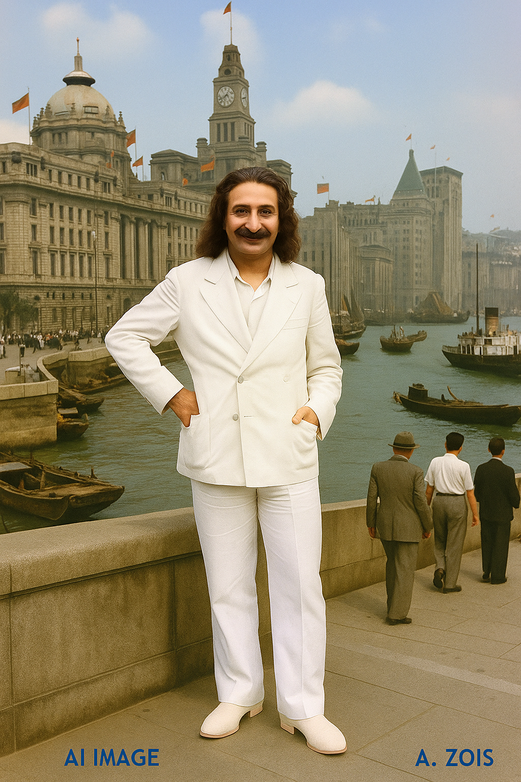 This is a AI produced image depicting Meher Baba in Shanhai, China, based on Baba's photo taken in Nanking, China in 1932. Image produced by Anthony Zois.