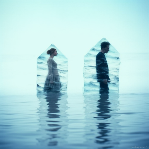 Ein Paar, das im Wasser steht beide sind eingeschlossen in einem Eis-Haus, getrenntes Paar beide sind traurig und voneinander getrennt