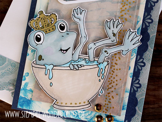 Stempel Digi Stamp Digitaler Stempel Frosch Froschkönig blau beige gold handgemacht von www.stempel-wunderland.de