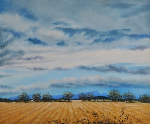 peinture-hyperrealisme-paysage-ciel-bleu-nuages-champ-jaune-uzege-roussel-meric