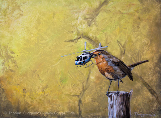 Landeplatz, der frühe Vogel, Hubschrauber, Helikopter, Beute, Kunst, gemälde, Guggemos, Acrylfarbe, Malen