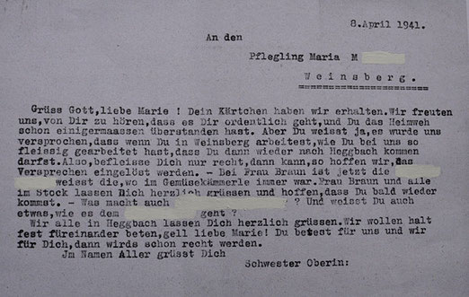 Antwortschreiben der "Schwester Oberin" der "Heil- u. Pflegeanstalt" Heggbach an "den Pflegling Maria M." (Anonymisierung durch die Gedenkinitiative Nürtingen) vom 8. April 1941