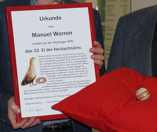 Urkunde und Ei der Heckschnärre für Manuel Werner, Nürtingen