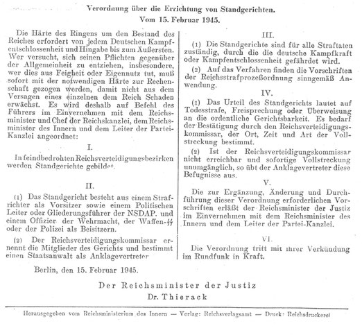 Verordnung über die Errichtung von Standgerichten vom 15. Februar 1945, Foto: Holgerjan, Lizenz: Creative Commons Attribution-Share Alike 3.0 Unported