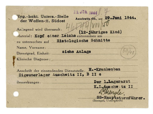 Dr. Josef Mengele übersendet den Kopf eines 12jährigen Kindes aus dem "Zigeunerlager" Auschwitz 2 für histologische Schnitte, Sammlung des Archivs des Staatsmuseums Auschwitz-Birkenau, Oświęcim,