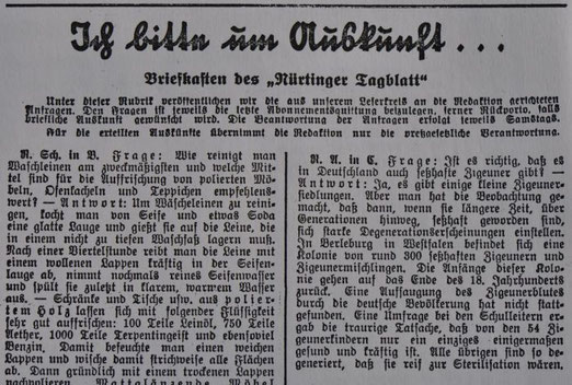 Mediale Diffamierung von Sinti im Nürtinger Tagblatt aus dem Jahr 1937