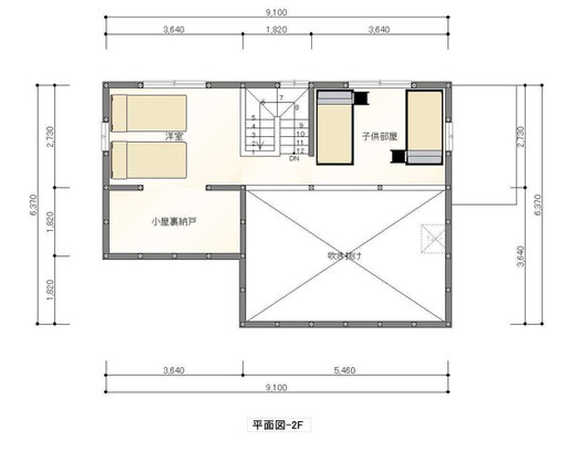 2階は吹き抜けで1階とつながる。5×1.5+1×2＝9.5坪