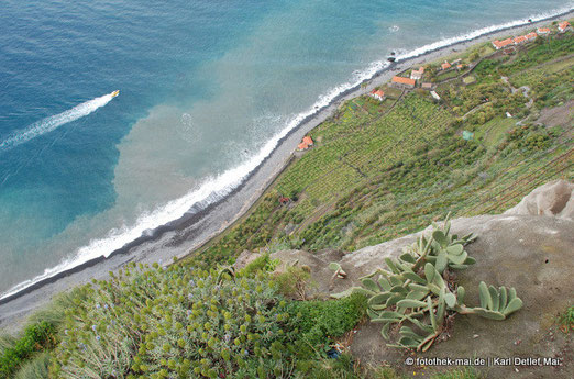 Blick von Berg auf das Meer, Kakteen, Boot, Häuser am Strand