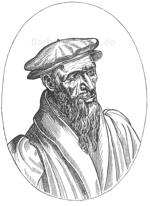 Abb. 324. – William Farel, Prediger des sogenannten reformierten Glaubens; geboren 1489 in Gap, gestorben 1565 in Genf. – Aus „Vrais Pourtraits des Hommes Illustres“: 4to, Jean de Laon, Genf, 1581.