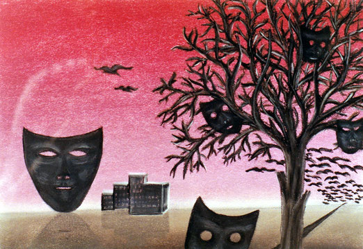Die Welt ist voller Masken und schwarzen Vögeln - Ölbild 40 cm x 60 cm