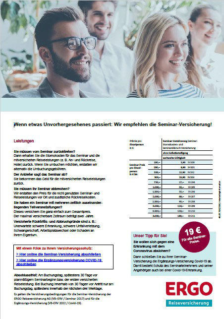 PDF-Flyer für die Seminar-Versicherung der ERGO Reiseversicherung mit Online-Buchungslink zur Corona-Covid-19-Versicherung mit Quarantäne-Maßnahmen