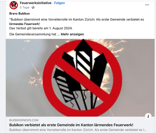 So berichtete die Feuerwerksinitiative vor fünf Tagen auf ihrer Facebookseite, indem sie den buebikernews-Artikel verlinkte (Screenshot Facebook-Seite der Feuerwerksinitiative)