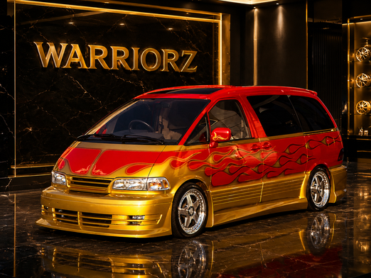 カスタムペイント車、赤いボディーにキャンディーゴールドでファイヤーパターン塗装されたトヨタエスティマの写真