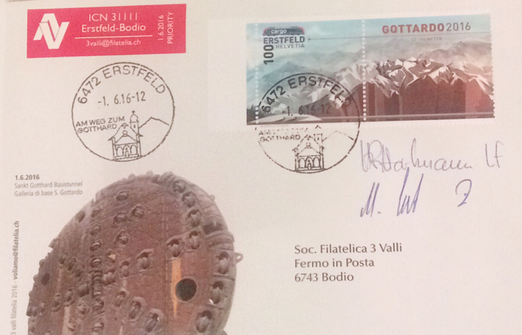 Gotthard Base Tunnel opening on the 1.6.2016 in Switzerland (longest Tunnel  57km/35.5mi), signed by H.R. Hartmann (Train Driver) and Martin Ernst (Conducter) which ran the first official Train trough the Tunnel from Erstfeld to Bodio with the ICN 31111, bought at Tunnel opening ceremony