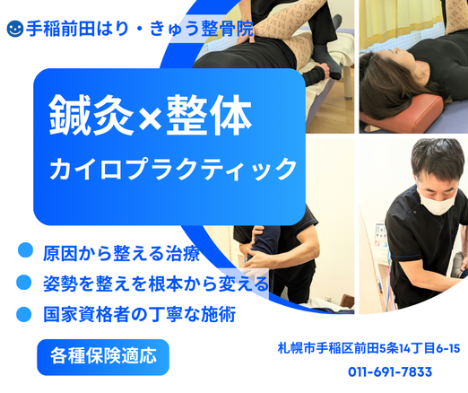 手稲前田はり・きゅう整骨院のメニュー紹介。鍼灸×整体カイロプラクティック。原因から整える治療、姿勢を根本から変える、国家資格者の丁寧な施術。各種保険適用。札幌市手稲区前田5条14丁目6-15
