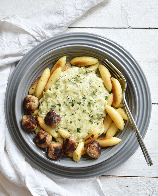 Rahmwirsing mit Schupfnudeln und Bratwurstklößchen, Thermomix, vegetarisch, vegan möglich