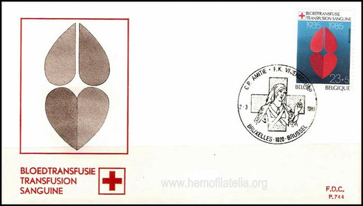 Belgium released a set of stamps on Belgian Red Cross on 02 mar 1985. A FDC with a stamp on Blood Transfusion is shown. This 23F+ 5F stamp design shows two hearts.