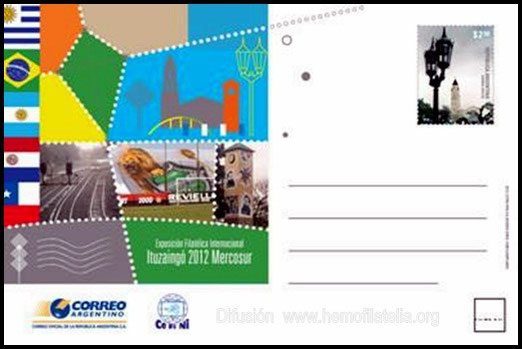 Entero postal alusivo a la Exposición Internacional de Filatelia Temática "Ituzaingó 2012 Mercosur".