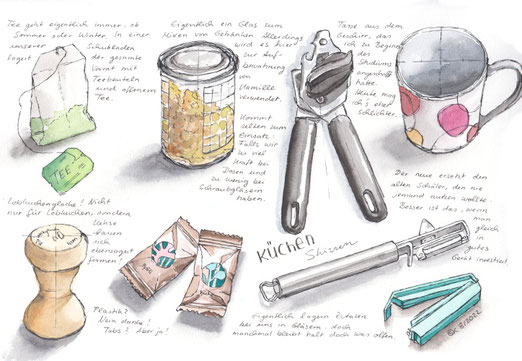 Aquarellbild "Küchenskizzen": Teebeutel, Glas mit Kamillenblüten, Dosenöffner, Tasse, Lebkuchenglocke, Reinigungstabs, Sparschäler, Plastikklammer