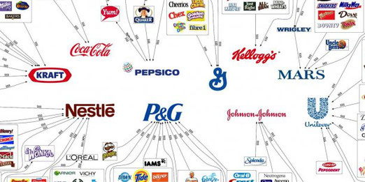 Coca-Cola, Kraft, Nestlé, Procter&Gamble, Pepsico, Unilever, Mars, Kellogg's, Johnson & Johnson et General Mills sont les dix grands groupes qui ont la main sur quasiment toute l'industrie de la consommation. / Reddit (Crédits : (c) zerohedge)