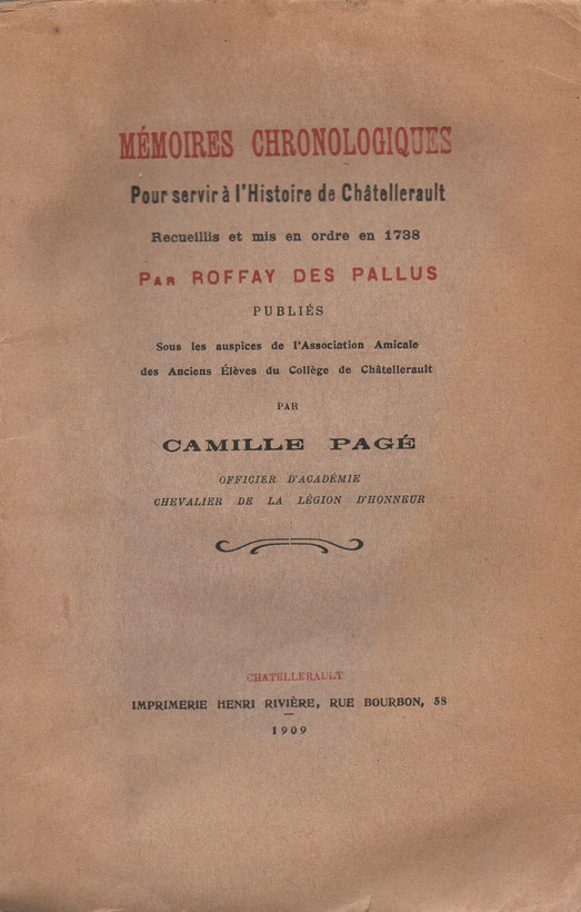 première de couverture pour " Mémoires Chronologiques pour servir à l'Histoire de Châtellerault " de Roffay des Pallus 1738